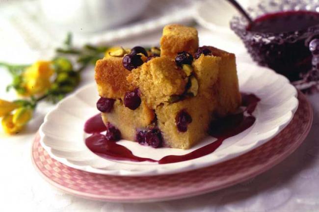 Corn Bread Blueberry & Pistachio Bread Pudding with Blueberry Coulis