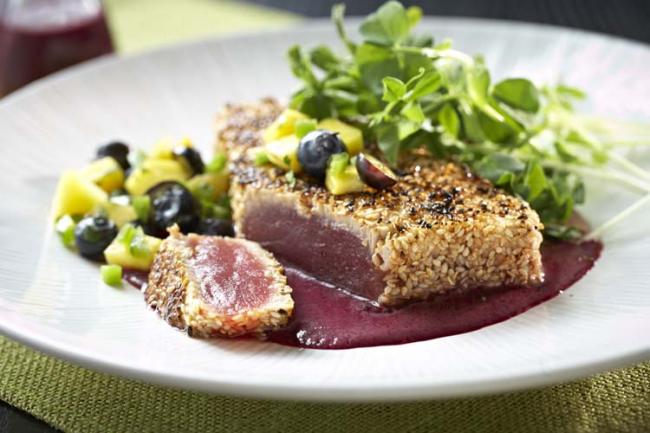 Sesame Crusted Tuna with Blueberry Ponzu Vinaigrette